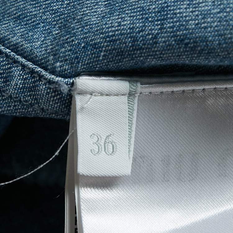 Pre Owned Miu Miu Blue Logo Embroidered Chambray Raw-Edge Boxy Fit Shirt XS