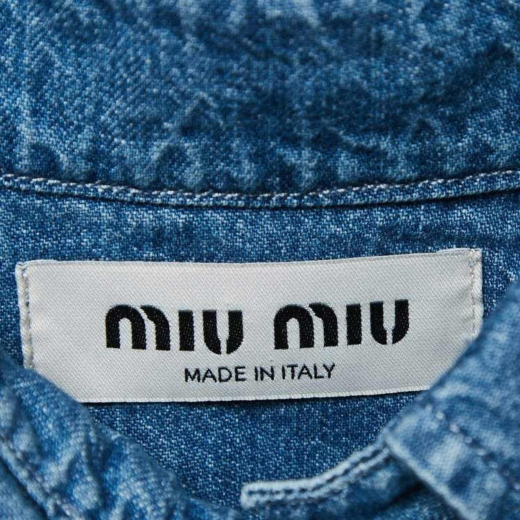 Pre Owned Miu Miu Blue Logo Embroidered Chambray Raw-Edge Boxy Fit Shirt XS