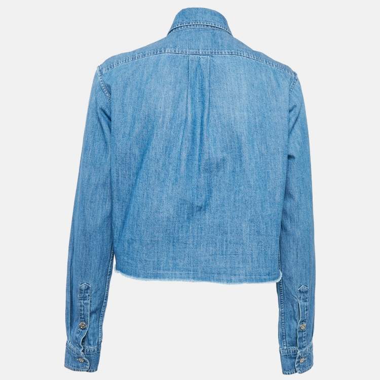 Pre Owned Miu Miu Blue Logo Embroidered Chambray Raw-Edge Boxy Fit Shirt XS