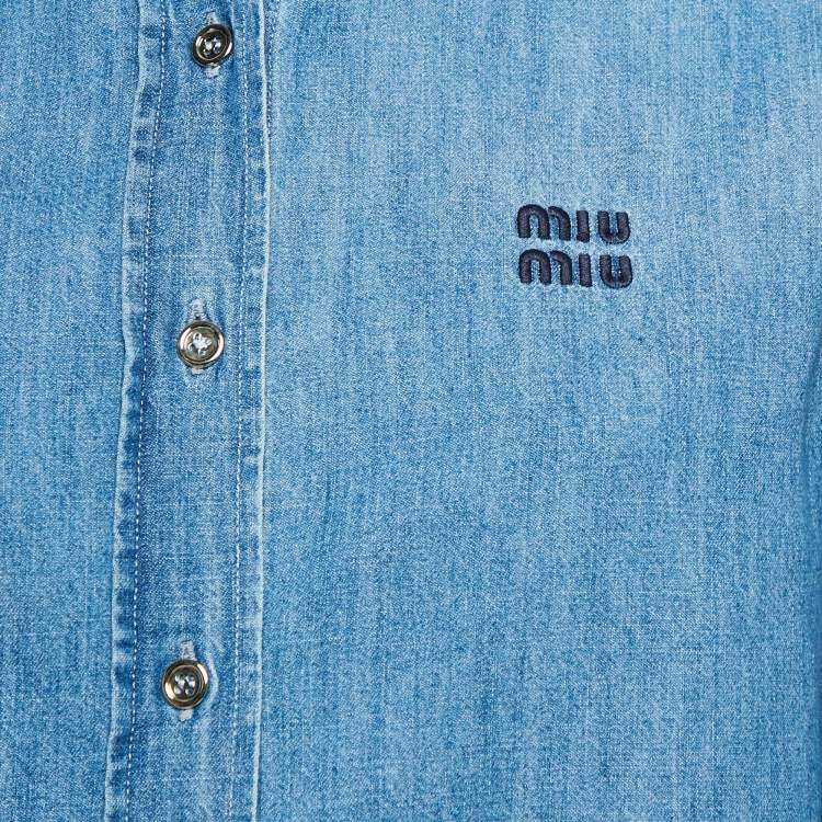 Pre Owned Miu Miu Blue Logo Embroidered Chambray Raw-Edge Boxy Fit Shirt XS