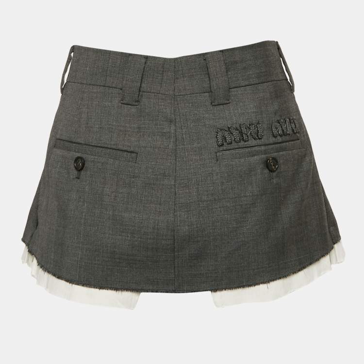 Miu Miu Grey Plaid Wool Raw Edge Detail Mini Skirt XS Miu