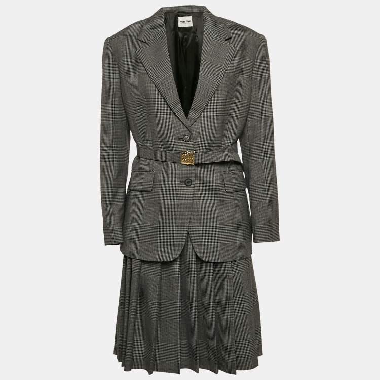 Pre Owned Miu Miu Antracite Grey Prince Of Wales Check Wool Belted Blazer and Skirt Set XS/M