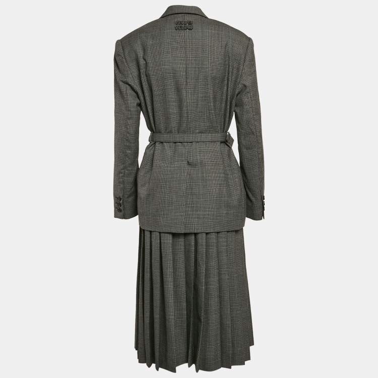 Pre Owned Miu Miu Antracite Grey Prince Of Wales Check Wool Belted Blazer and Skirt Set XS/M