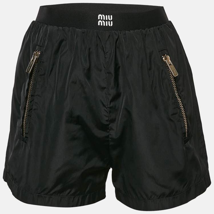 Pre Owned Miu Miu Black Logo-Print Technical Silk Shorts XS