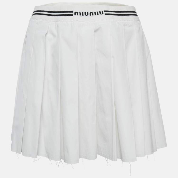 Pre Owned Miu Miu White Logo Intarsia Poplin Pleated Mini Skirt S