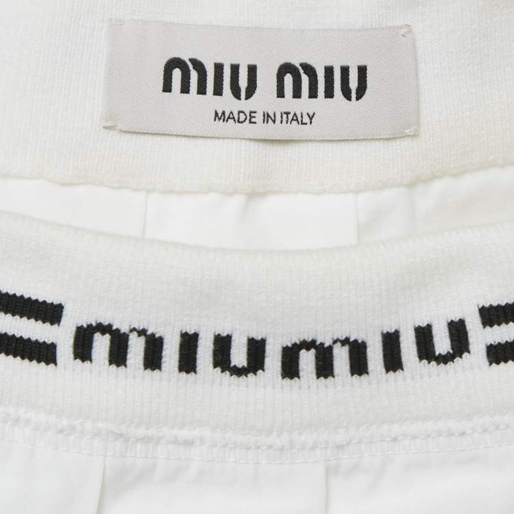 Pre Owned Miu Miu White Logo Intarsia Poplin Pleated Mini Skirt S