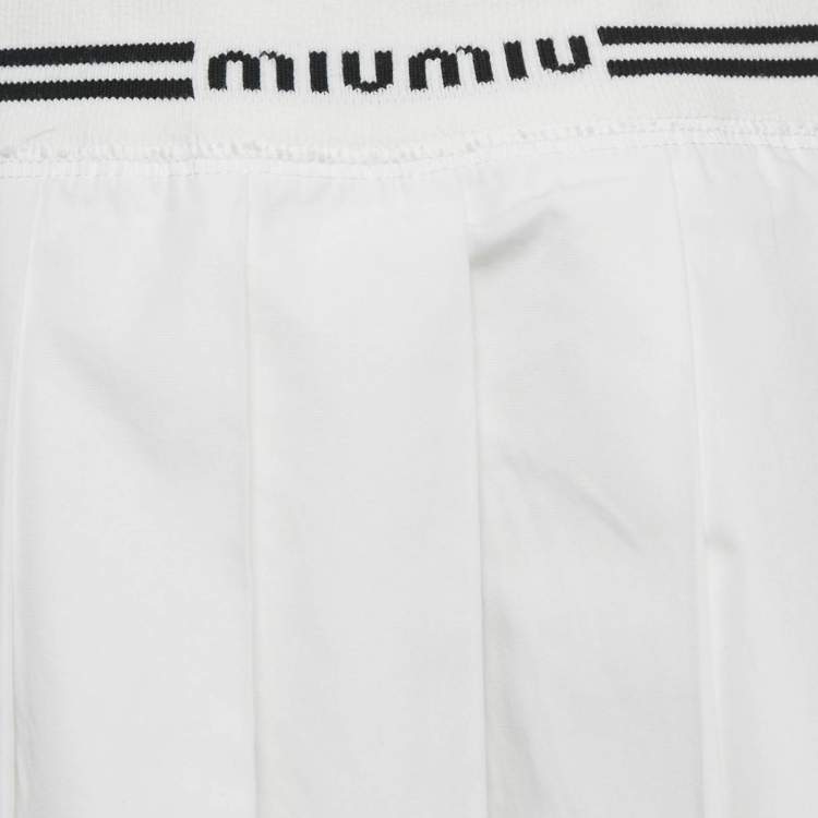 Pre Owned Miu Miu White Logo Intarsia Poplin Pleated Mini Skirt S