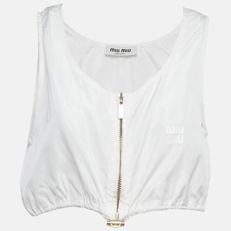 Pre Owned Miu Miu White Technical Silk Perforated Detail Crop Top XS