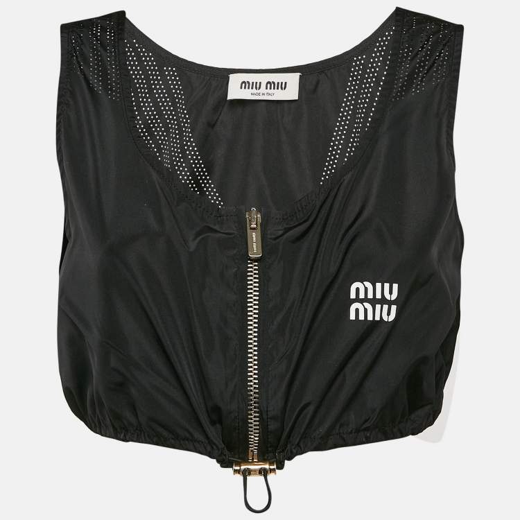 Pre Owned Miu Miu Black Technical Silk Perforated Detail Crop Top XS