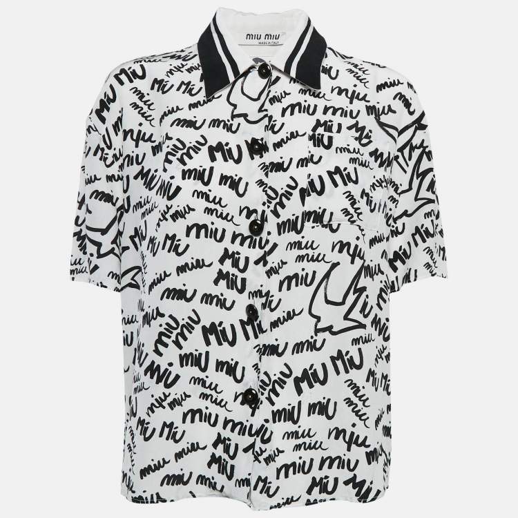 Pre Owned Miu Miu White/Black All Over print Silk Half Sleeve Shirt L