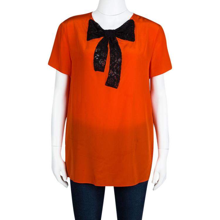 Pre Owned Miu Miu Orange Silk Contrast Lace Bow Detail Short Sleeve Top M