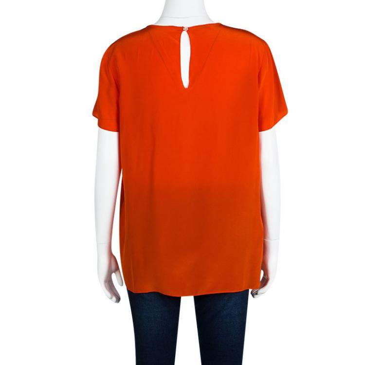 Pre Owned Miu Miu Orange Silk Contrast Lace Bow Detail Short Sleeve Top M