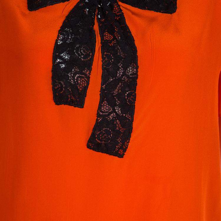 Pre Owned Miu Miu Orange Silk Contrast Lace Bow Detail Short Sleeve Top M