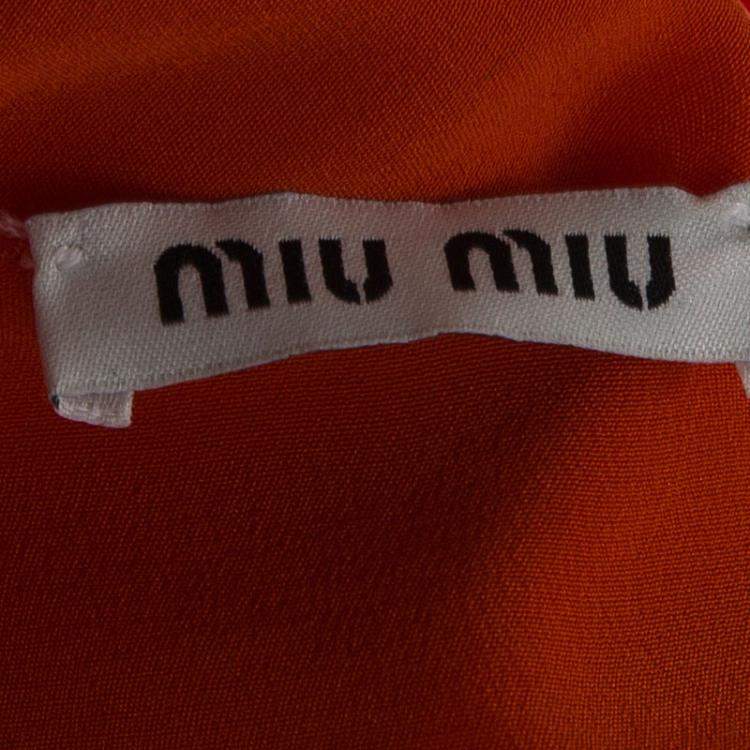 Pre Owned Miu Miu Orange Silk Contrast Lace Bow Detail Short Sleeve Top M