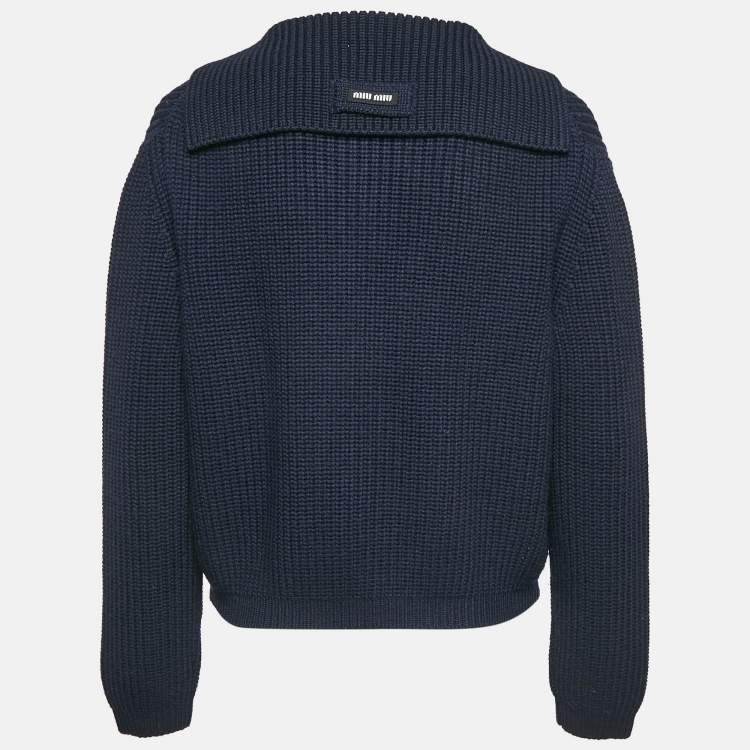 Pre Owned Miu Miu Navy Blue Wool Rib Knit Button Front Cardigan M
