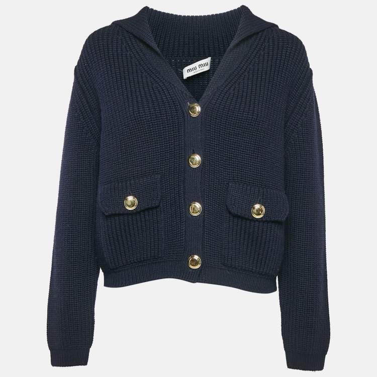 Pre Owned Miu Miu Navy Blue Wool Rib Knit Button Front Cardigan M