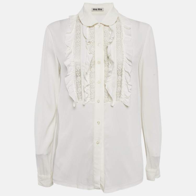 Pre Owned Miu Miu White Crepe Ruffled Lace Trim Detail Blouse S