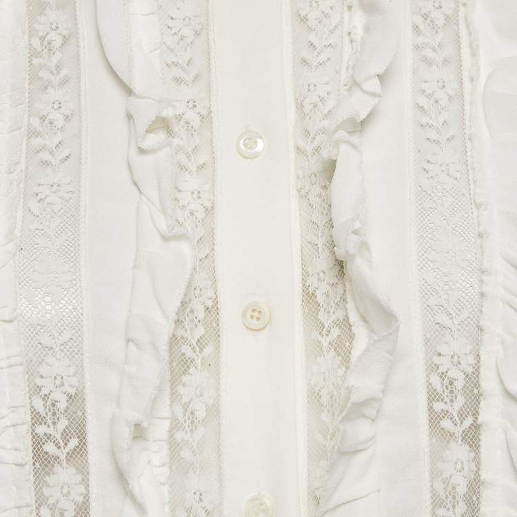 Pre Owned Miu Miu White Crepe Ruffled Lace Trim Detail Blouse S