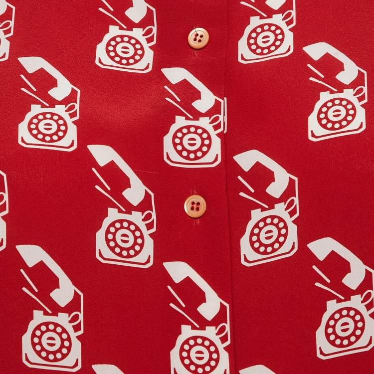 Pre Owned Miu Miu Red Telephone Print Silk Belted Shirt S