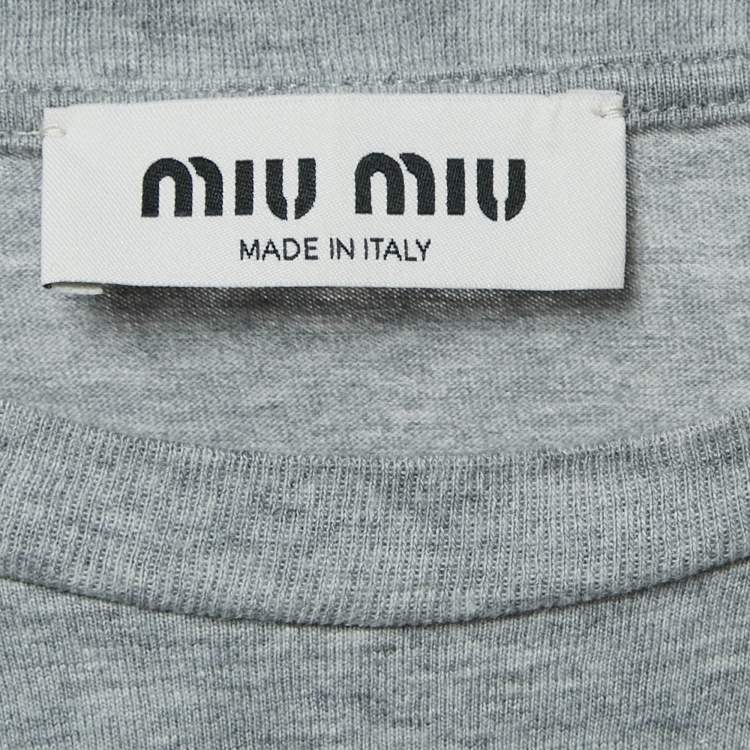 Pre Owned Miu Miu Grey Logo Print Cotton Knotted Crop Top M