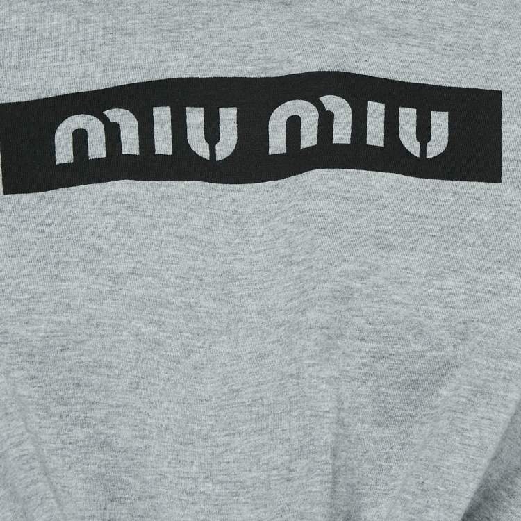 Pre Owned Miu Miu Grey Logo Print Cotton Knotted Crop Top M