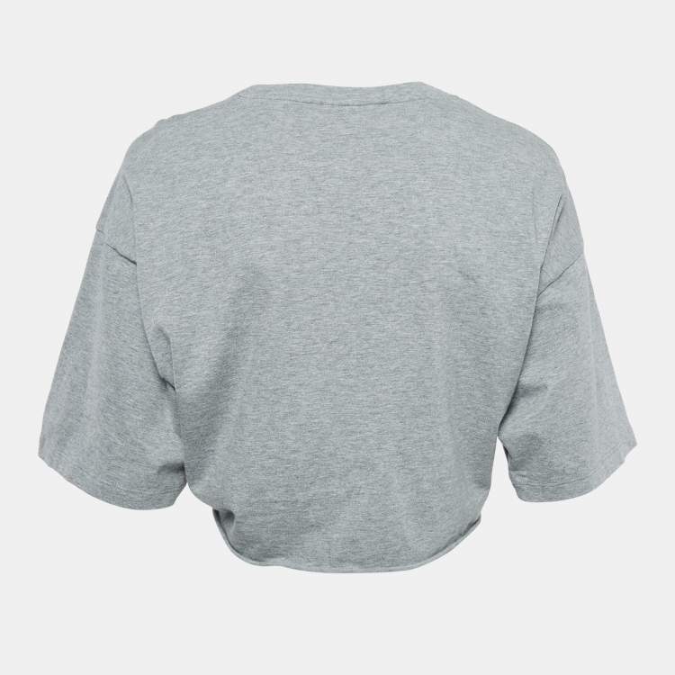 Pre Owned Miu Miu Grey Logo Print Cotton Knotted Crop Top M