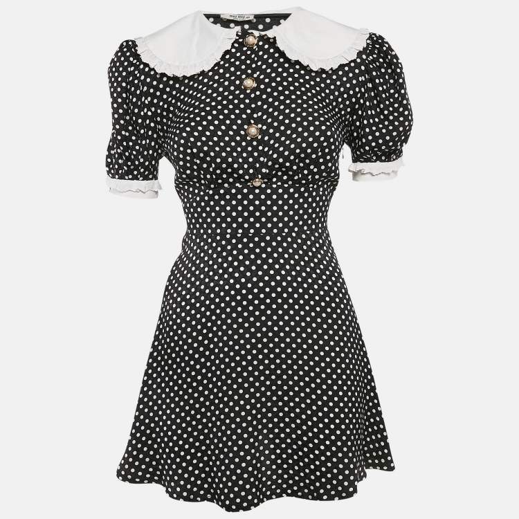 Pre Owned Miu Miu Black Polka Dots Print Satin Peter Pan Collar Mini Dress XS