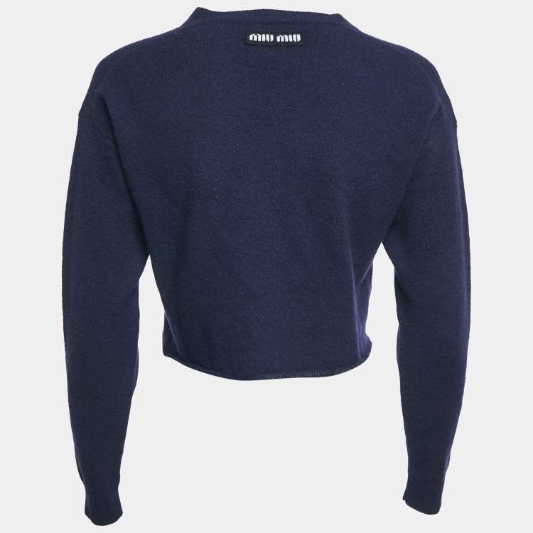 مملوكة مسبقًا Miu Miu Navy Blue Wool V-Neck Crop Sweater S
