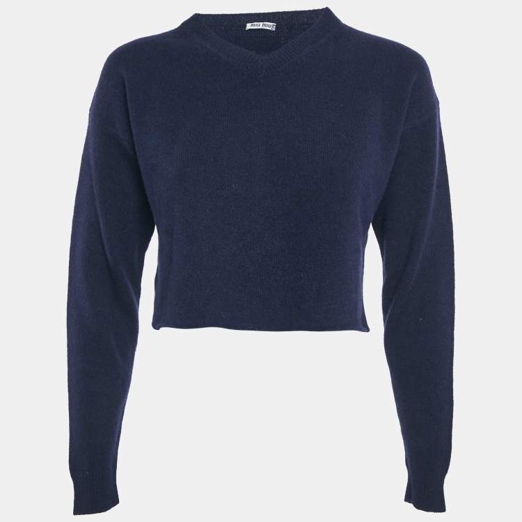 مملوكة مسبقًا Miu Miu Navy Blue Wool V-Neck Crop Sweater S