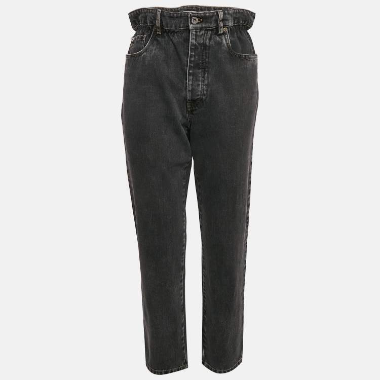 Pre Owned Miu Miu Black Faded Denim Ruffled Waist Jeans S Waist 26"