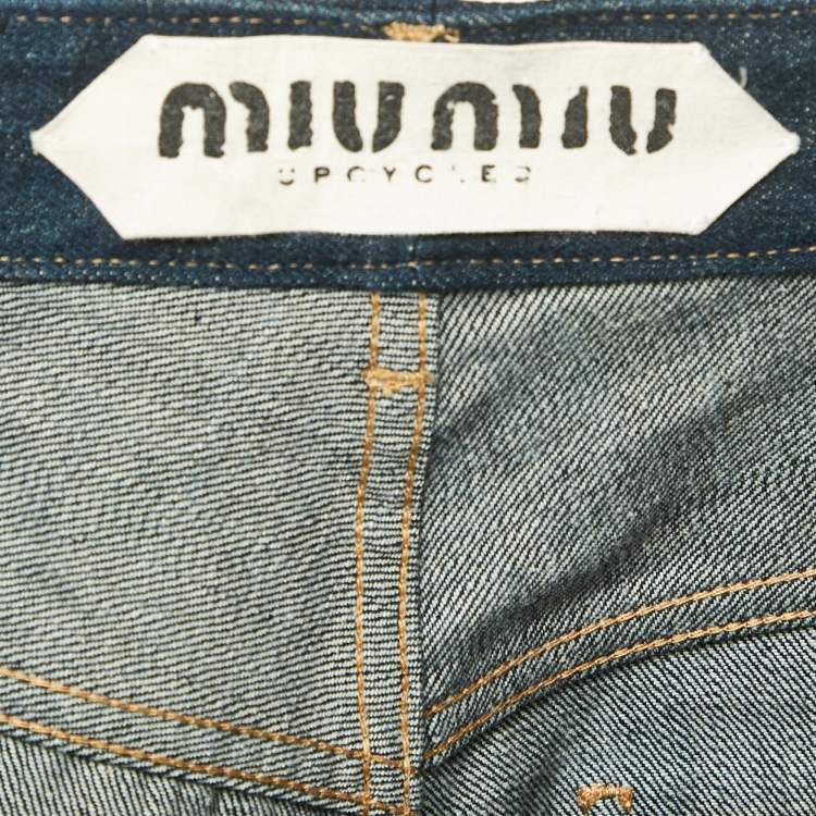 Pre Owned Miu Miu Upcycled Blue Washed Denim High-Rise Shorts S Waist 25"