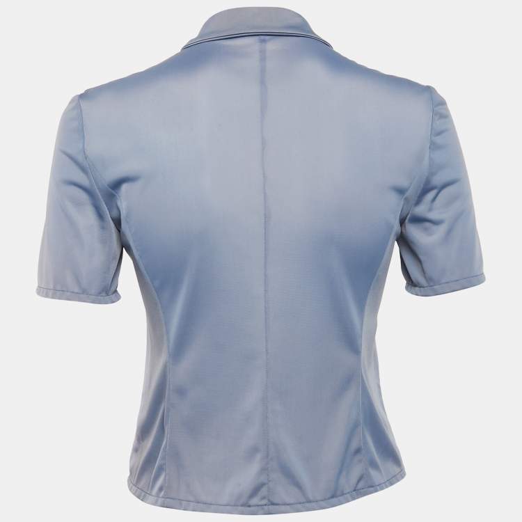 Pre Owned Miu Miu Blue Jersey Zip-Up Semi Sheer Shirt S