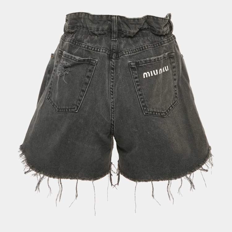 Pre Owned Miu Miu Black Washed Denim Elasticized Waist Shorts S Waist 27"
