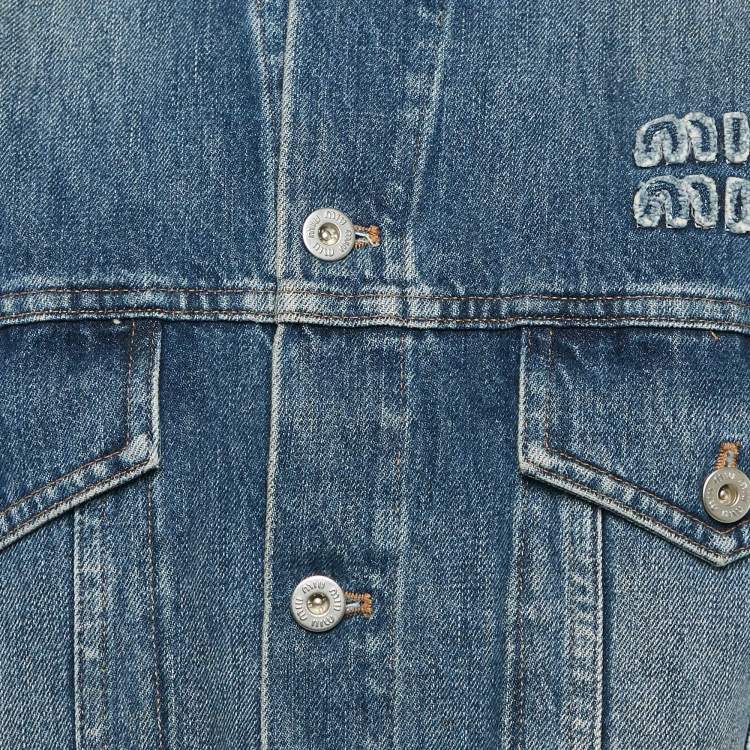 Pre Owned Miu Miu Blue Denim Raw Edge Detail Cropped Jacket S