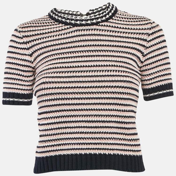 Pre Owned Miu Miu Blue/Pink Striped Crochet Short Sleeve Top S