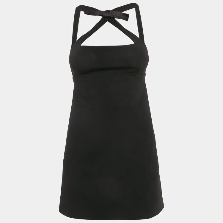 Pre Owned Miu Miu Black Stretch Crepe Bow Detail Open-Back Mini Dress XS