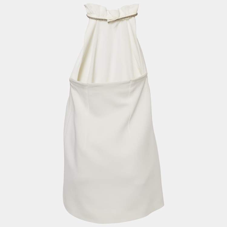 Pre Owned Miu Miu White Crystal Embellished Crepe Mini Dress S