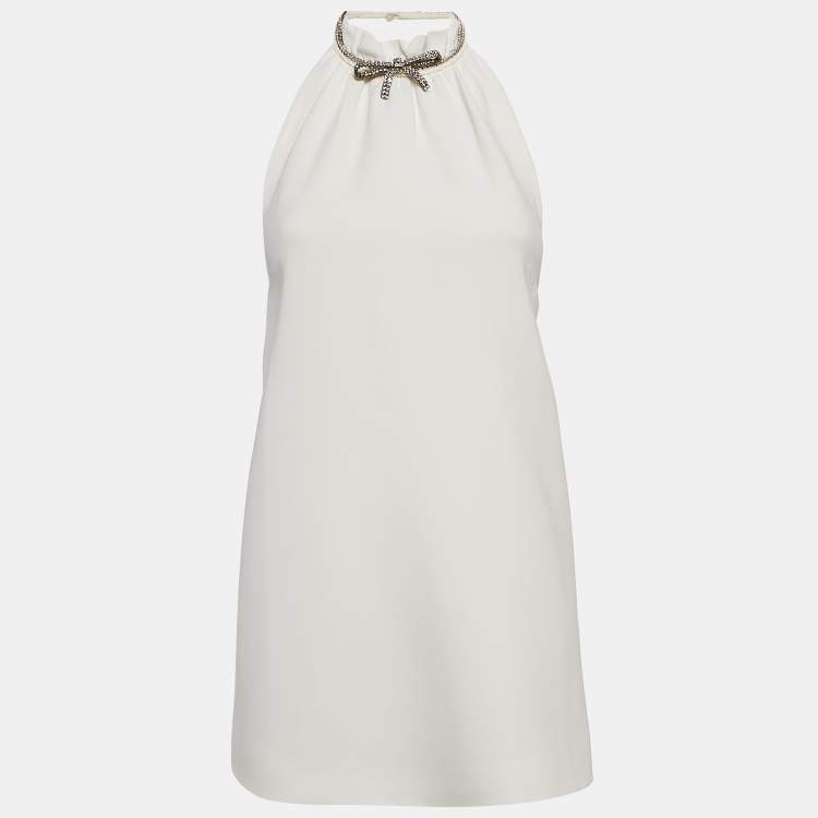Pre Owned Miu Miu White Crystal Embellished Crepe Mini Dress S