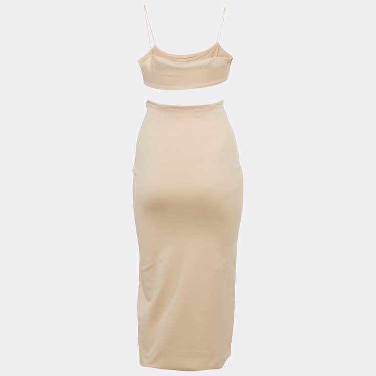 Pre Owned Miu Miu Beige Logo Applique Jersey Top and Skirt Set XS