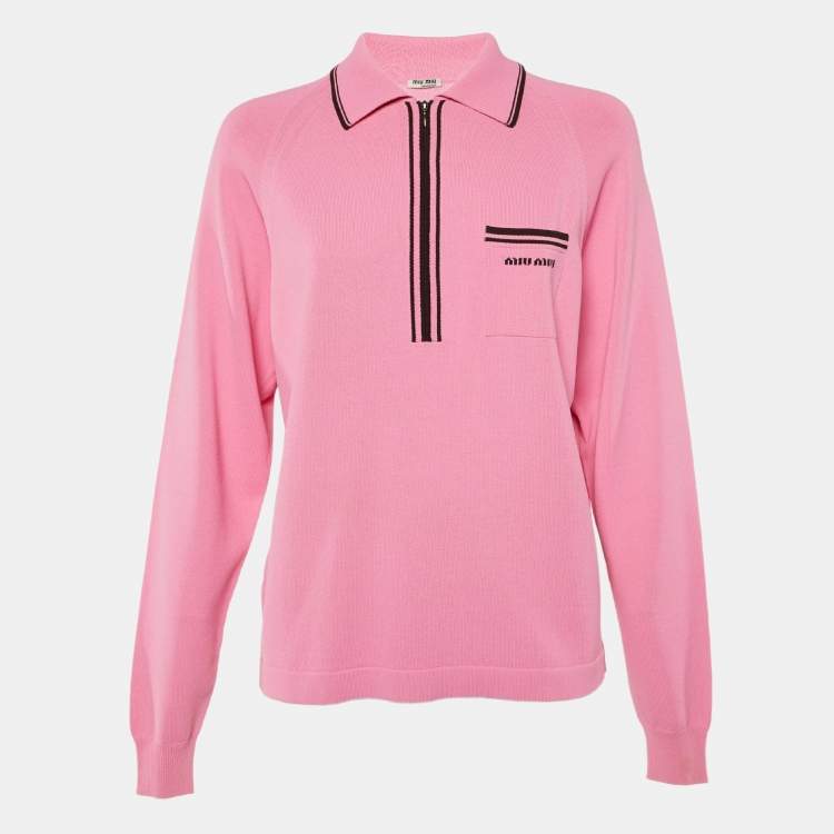 Pre Owned Miu Miu Pink Knit Logo Pocket Detail Polo Jumper S