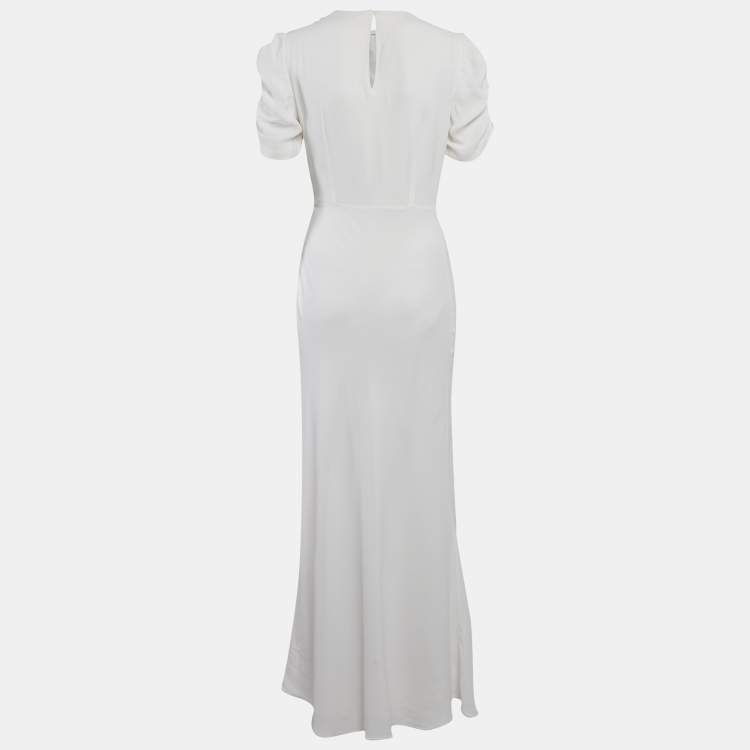 Pre Owned Miu Miu White Floral Embellished Crepe Ruched Sleeve Maxi Dress S