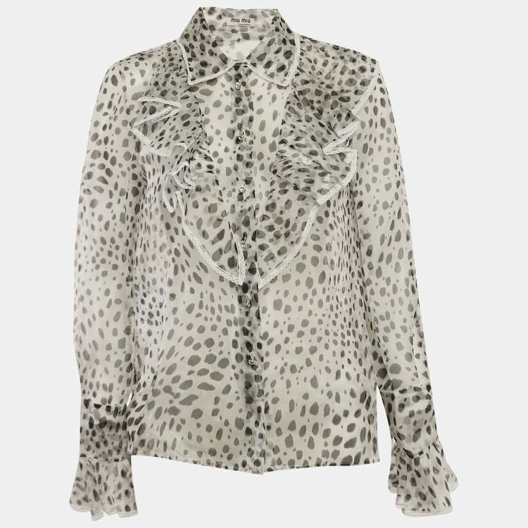 Pre Owned Miu Miu White Printed Silk Button Front Ruffled Blouse S