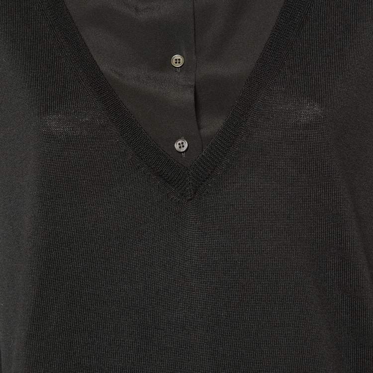 Pre Owned Miu Miu Black Wool Knit & Silk Long Sleeve Dress L