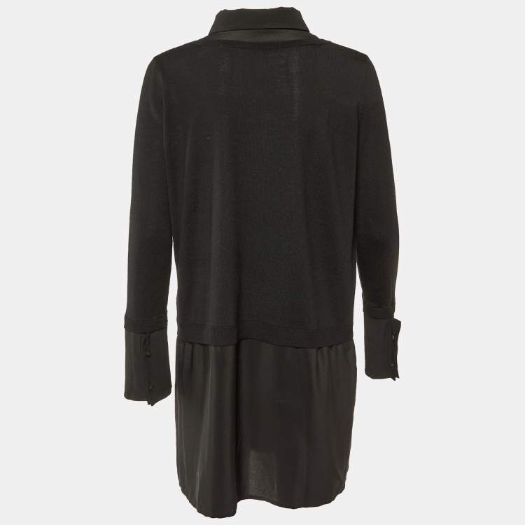 Pre Owned Miu Miu Black Wool Knit & Silk Long Sleeve Dress L