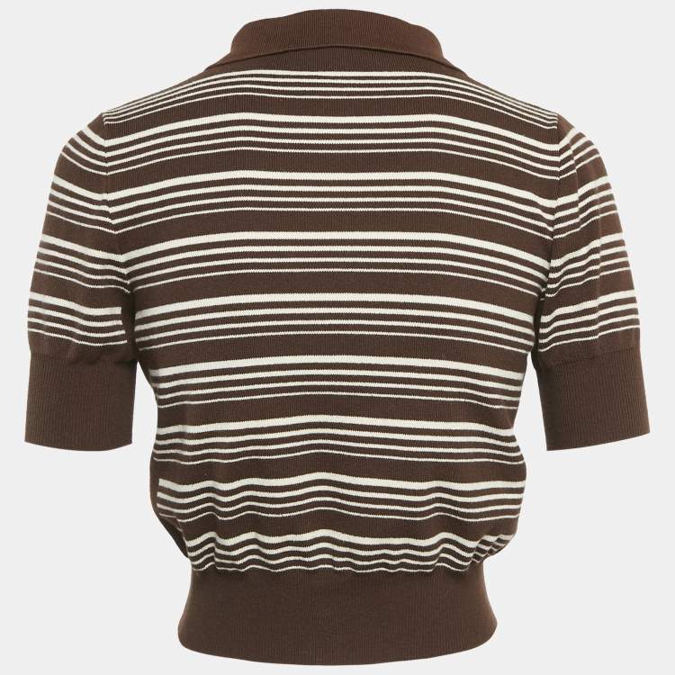 Pre Owned Miu Miu Brown Striped Cotton Knit Polo Crop T-Shirt S