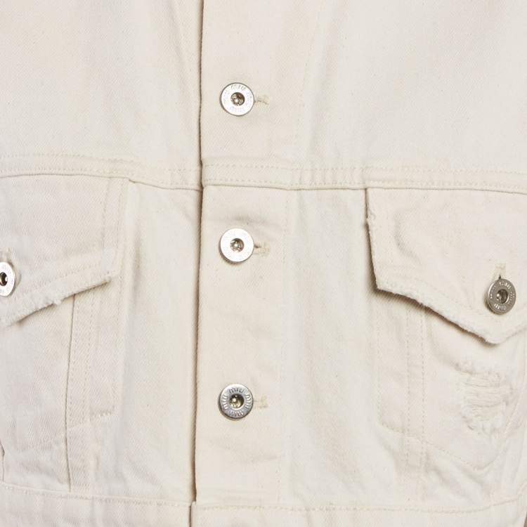 Pre Owned Miu Miu Off-White Distressed Denim Button Front Cropped Jacket XS