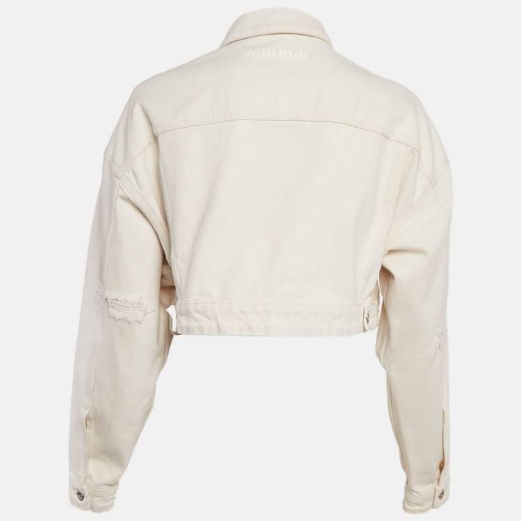 Pre Owned Miu Miu Off-White Distressed Denim Button Front Cropped Jacket XS
