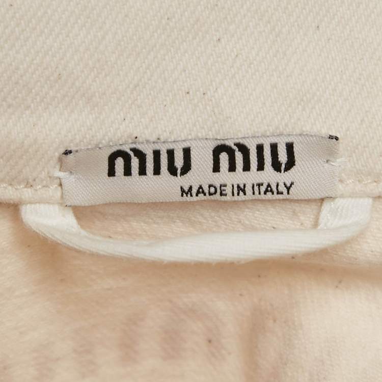 Pre Owned Miu Miu Off-White Distressed Denim Button Front Cropped Jacket XS