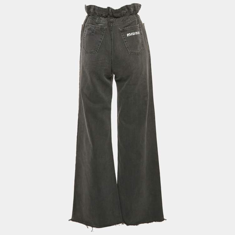 Pre Owned Miu Miu Grey Ripped Denim Elasticated Waist Wide Leg Jeans S Waist 25"