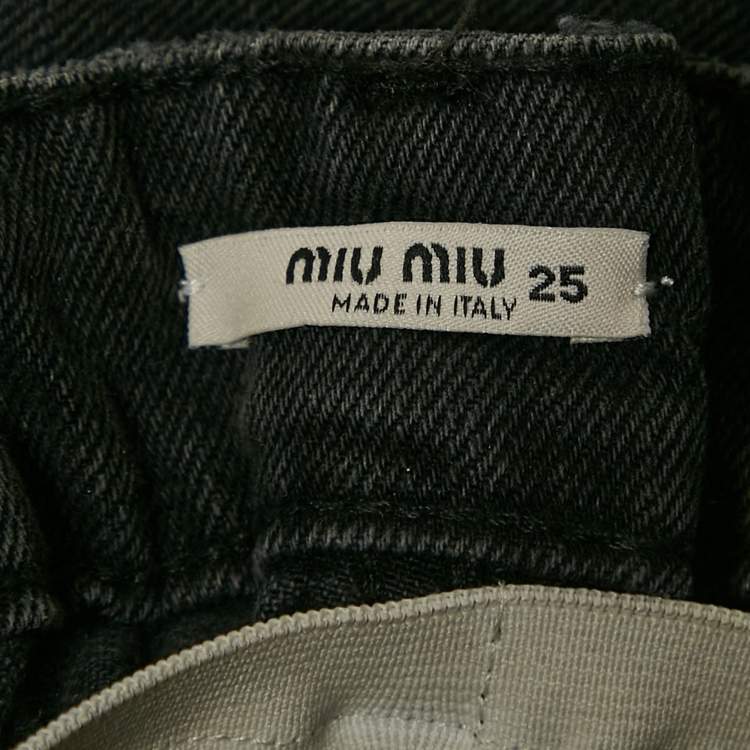 Pre Owned Miu Miu Grey Ripped Denim Elasticated Waist Wide Leg Jeans S Waist 25"